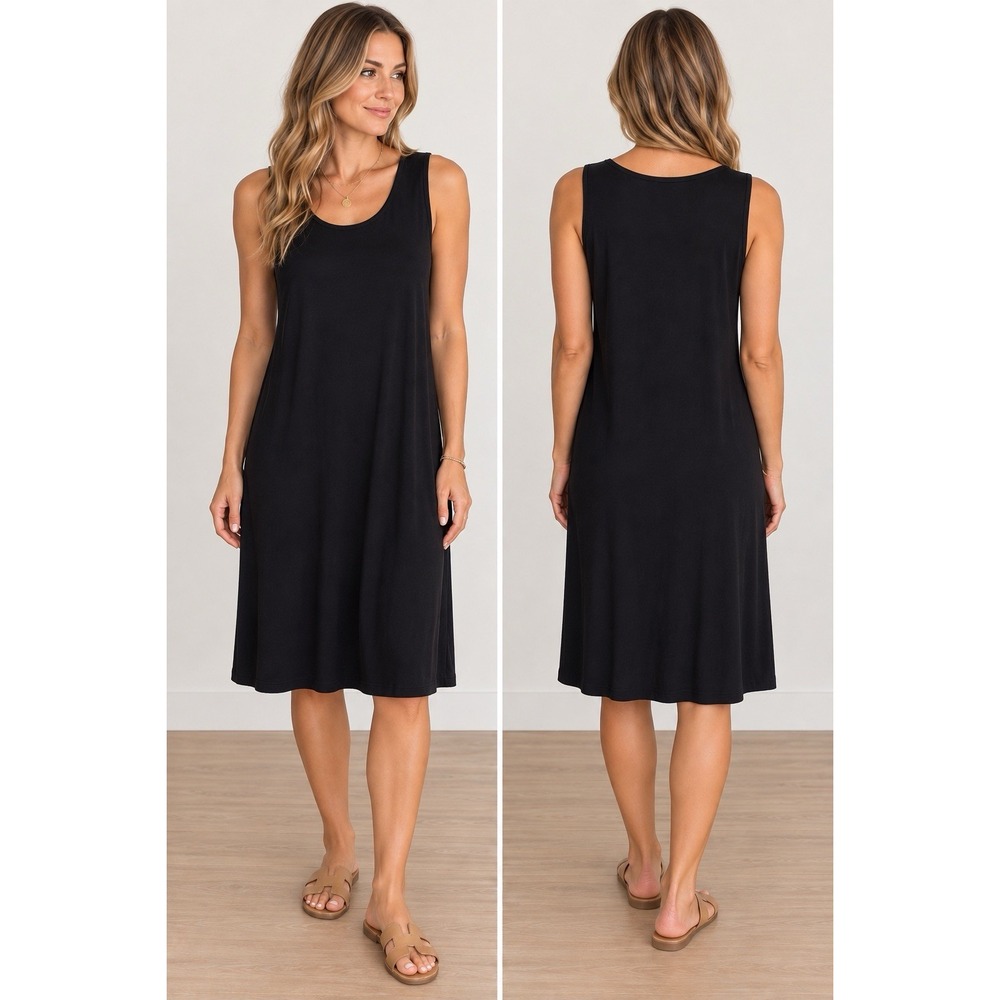 Eileen Fisher Travel Tank Dress Black Minimalist Basic Sleeveless Stretch M